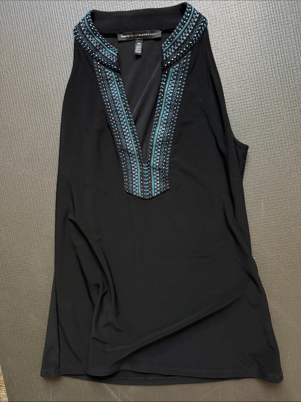 White House Black Market Black Sleeveless V-Neck Tank with Blue Embroidered Trim
